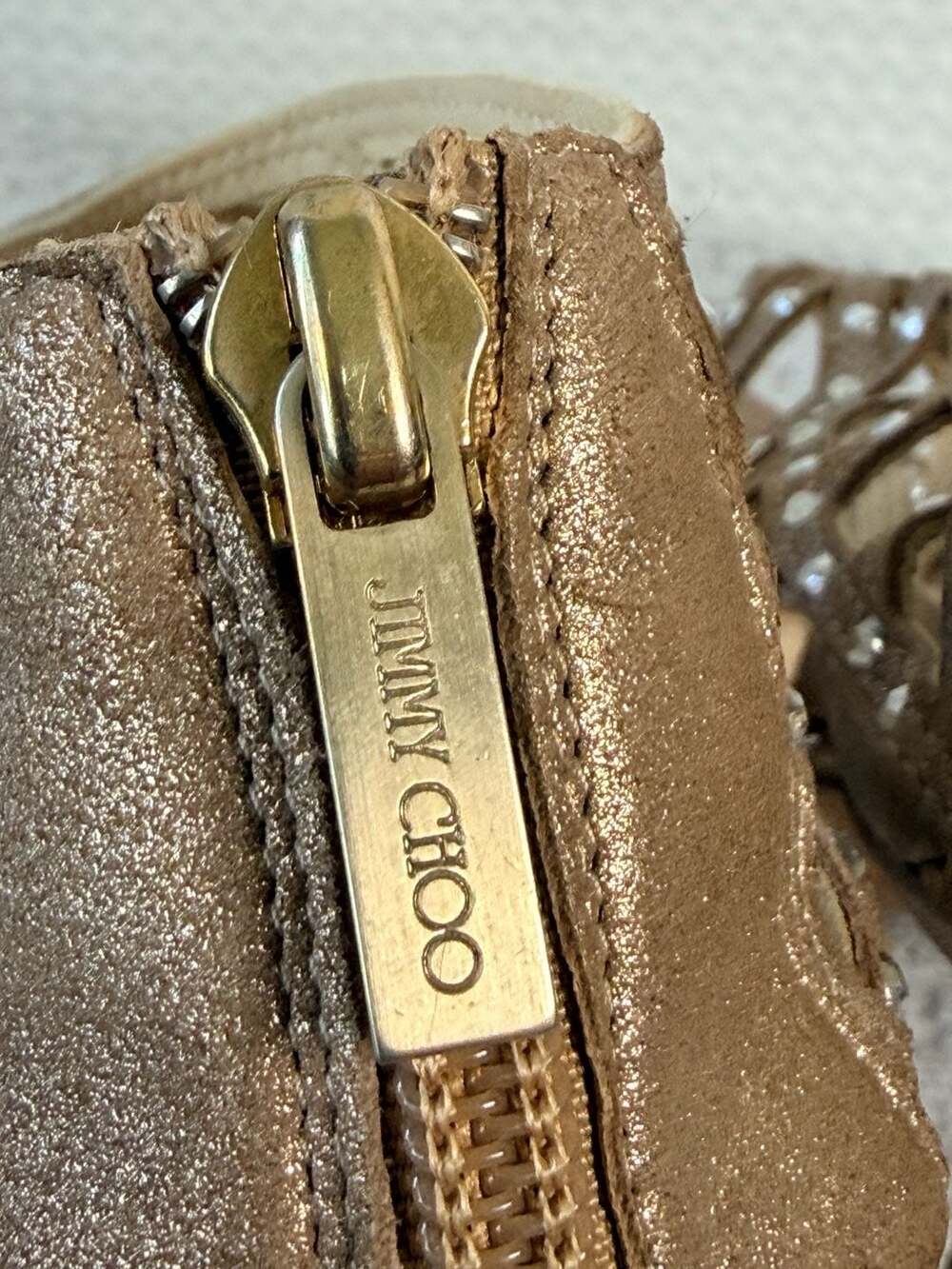 Jimmy Choo Beige Gold Suede Rhinestone Caged Stiletto Sandals Sz 9 - Picture 7 of 12